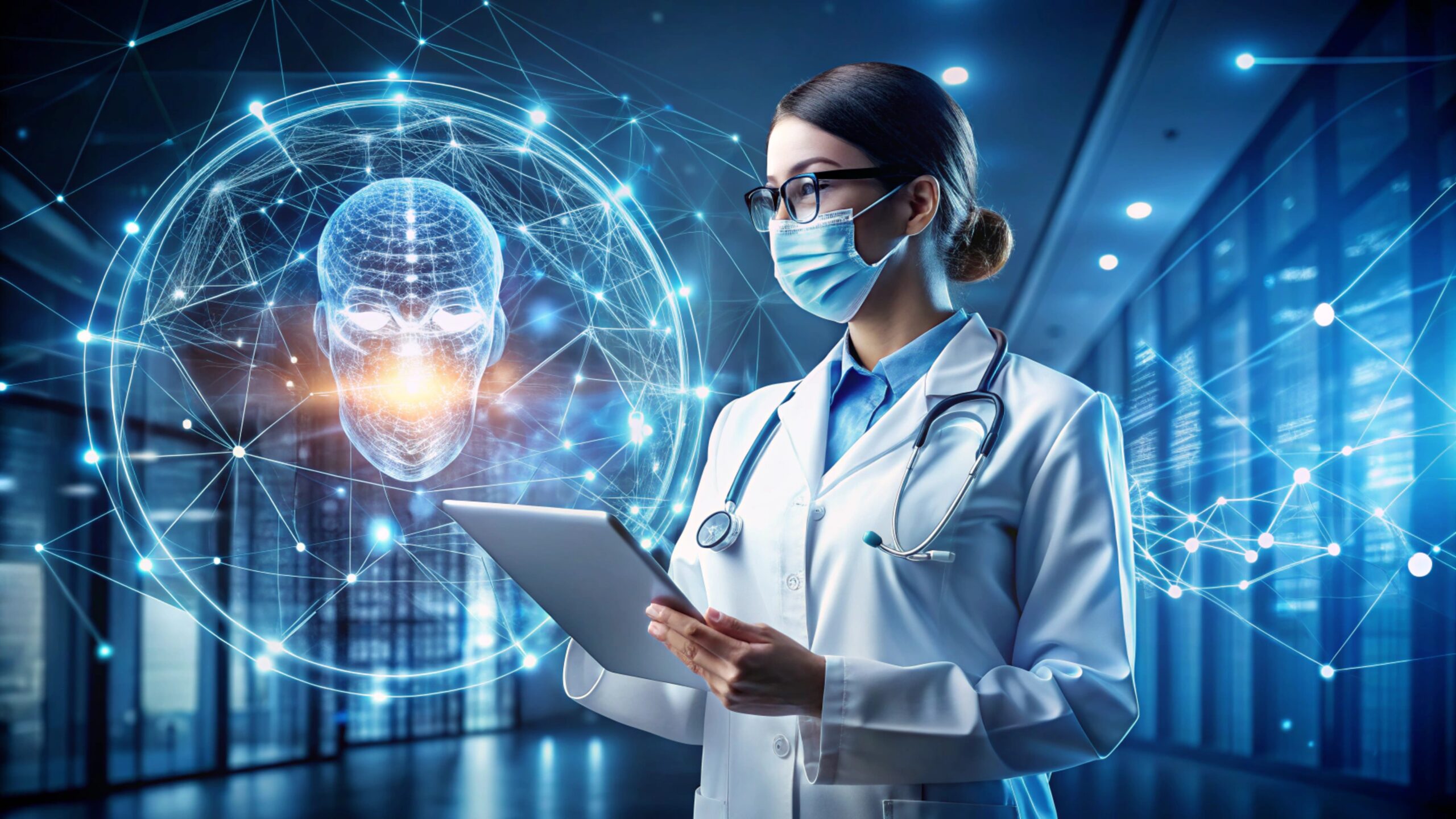 Doctora usando una tableta frente a una red holográfica de datos en la nube y software inteligente en el sector salud.
