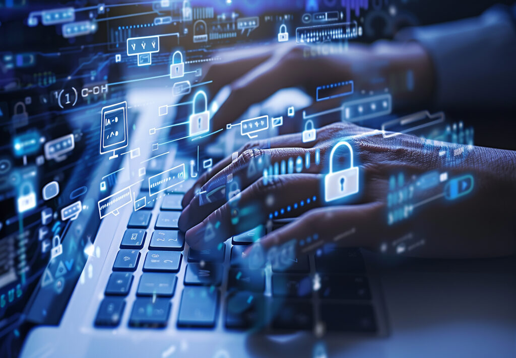 Infografía de conceptos cubiertos por los servicios de ciberseguridad: protección de red, privacidad de datos e información.