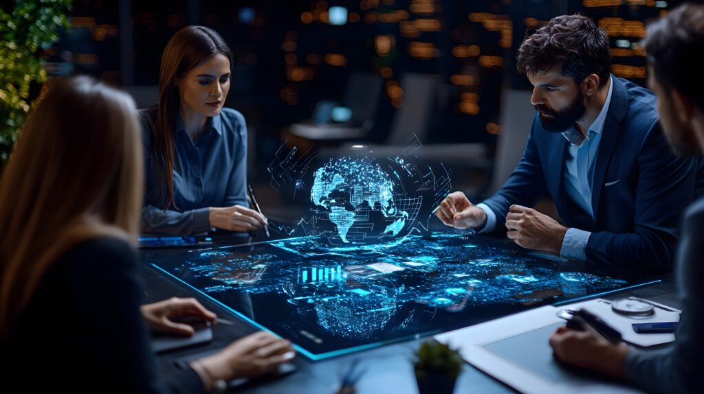Una proyección holográfica tridimensional que representa la inteligencia artificial para empresas en el centro de una mesa de juntas ejecutiva y futurista.