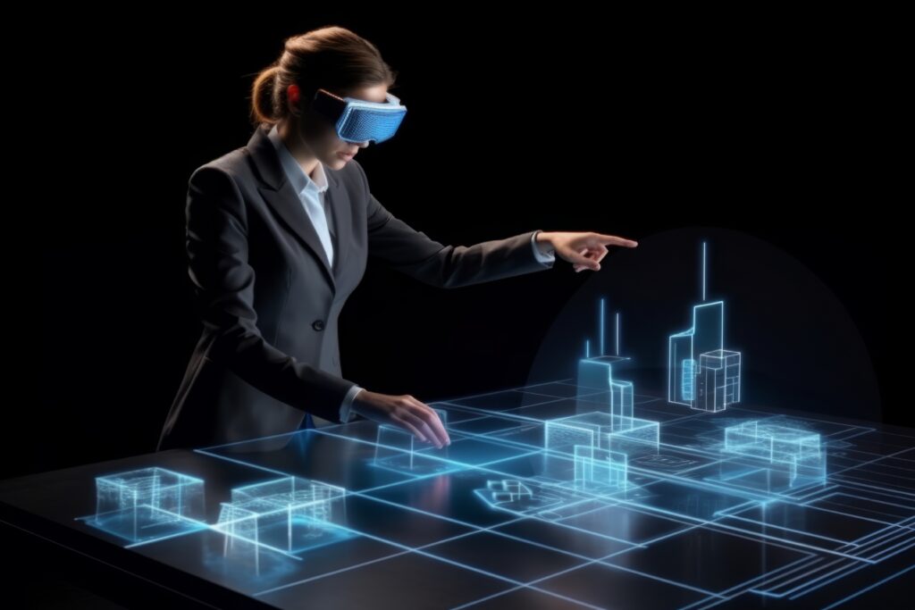 Ejecutiva usando un visor de realidad virtual para gestionar un mapa holográfico digital de bienes raíces inmobiliaria de lujo.