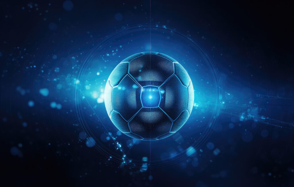 Balón de fútbol holográfico futurista azul que ilustra las proyecciones de derrame económico por el megaevento deportivo.