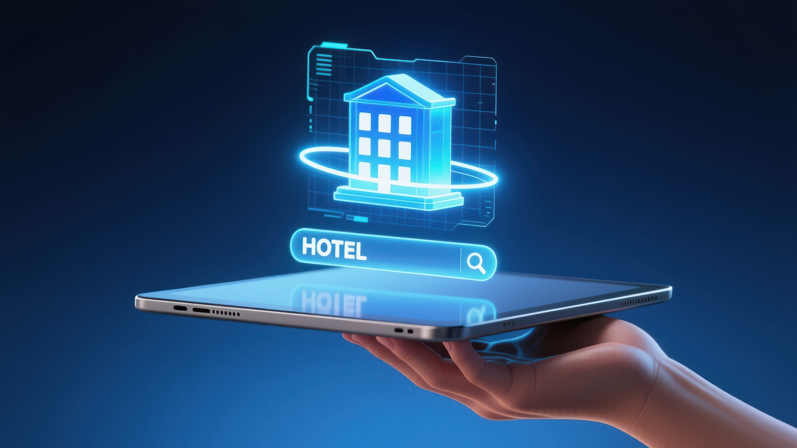Tableta digital proyectando un holograma de hotel inteligente para la administración en empresas de servicios hoteleros.